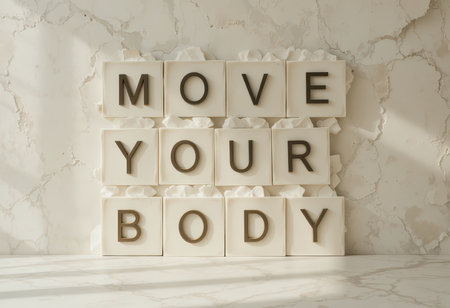 A motivating display of letters spelling "Move Your Body" set against a marble background, perfect for inspiring a focus on health and active living.の素材