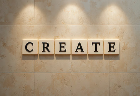 A stylish display of the word "CREATE" on a textured wall, illuminated with soft lights, perfect for inspiring creativity in any space. Ideal for home or office decor.の素材