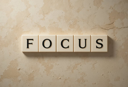 Close-up of the word "FOCUS" displayed on tiles against a textured beige wall, symbolizing clarity and determination. Perfect for motivational themes.の素材