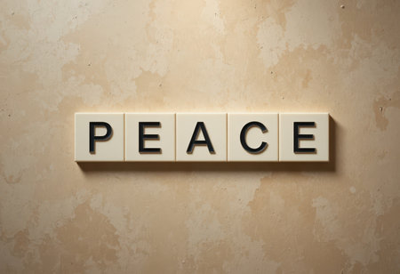 A visually striking image featuring the word "PEACE" displayed with letter tiles on a soft beige background, evoking feelings of serenity and harmony in any space.の素材