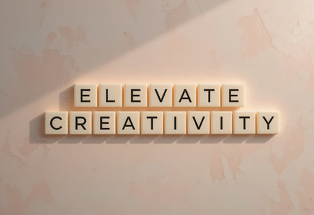 Eye-catching letter blocks spell out "Elevate Creativity" against a soft textured backdrop, perfect for inspiring design, art, and motivational themes in creative projects.の素材