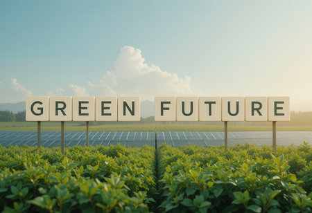 This image showcases a vibrant solar farm with the message "Green Future" prominently displayed, emphasizing the importance of renewable energy and sustainability.の素材