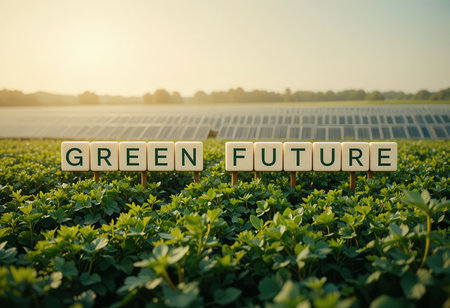 A vibrant scene showcasing a message of "Green Future" displayed among lush plants on a solar farm, symbolizing hope for sustainability and environmental progress.の素材