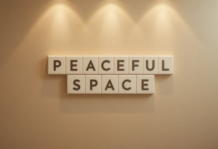 This image features the phrase "Peaceful Space" created with modern letter tiles. Soft lighting enhances the tranquil atmosphere, perfect for inspiring relaxation and mindfulness in any environment.の素材