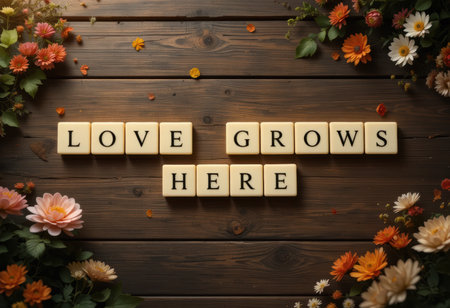 A charming display featuring the words "Love Grows Here" made from blocks, surrounded by vibrant flowers on a wooden table, perfect for romantic themes.の素材