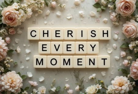 A serene arrangement featuring letter blocks spelling "Cherish Every Moment," surrounded by delicate flowers. An ideal backdrop for celebrations and personal reflections.の素材