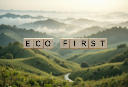 A serene mountain landscape at sunrise with letter tiles spelling "ECO FIRST." This image highlights nature's beauty and eco-consciousness amidst lush greenery and misty hills.の素材