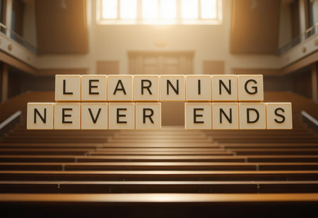 An inspiring quote made from wooden blocks emphasizes the importance of lifelong learning in an empty classroom setting, perfect for educational themes.の素材