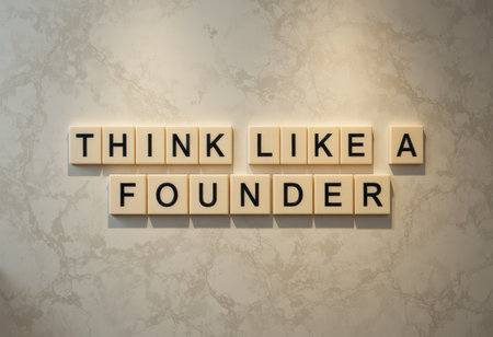 A stylish wall art piece displaying the motivational quote "Think Like A Founder," perfect for inspiring creativity and ambition in a modern office space.の素材