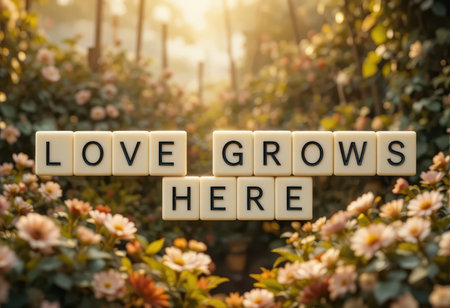 A serene scene featuring a heartfelt message surrounded by blooming flowers in a sunlit garden, evoking feelings of love and positivity in nature's embrace.の素材