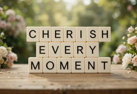 A beautiful arrangement featuring the phrase "Cherish Every Moment" on a wooden table, surrounded by soft flowers, conveying inspiration and tranquility.の素材
