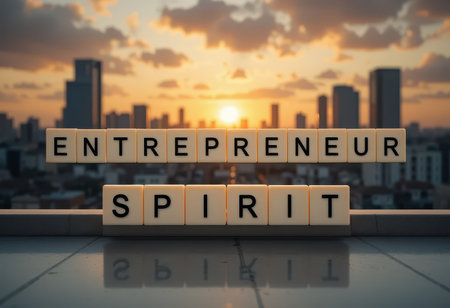 Capturing the essence of entrepreneurship, this image features the words "Entrepreneur Spirit" set against a stunning city skyline at sunset, symbolizing inspiration and ambition.の素材