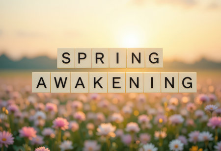 A bright and colorful representation of spring, featuring flowers in bloom with the words "Spring Awakening" displayed in front of a soft morning light. The serene landscape evokes feelings of joy and renewal.の素材