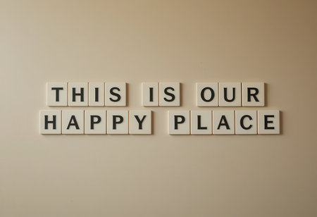 Create a joyful atmosphere with this decorative wall art showing a heartfelt message. Perfect for homes, offices, or creative spaces to inspire positivity.の素材