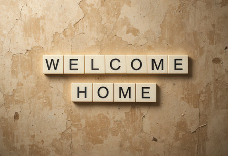 A warm welcome home message displayed on a vintage wall with a textured, distressed background. Ideal for invitations and home decor inspiration.の素材