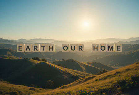 A breathtaking sunrise over rolling hills captures the essence of our planet. This serene landscape invites reflection on the beauty of Earth as a peaceful home.の素材