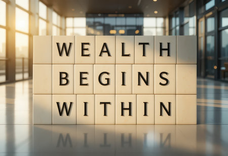 A motivational quote "Wealth Begins Within" displayed in a modern workspace, emphasizing personal growth and success. The stylish setting inspires a positive mindset.の素材