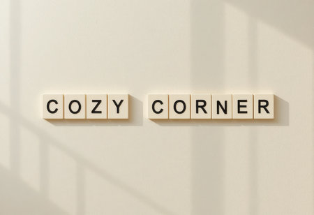 A serene cozy corner featuring letter tiles creating a warm and inviting atmosphere. Soft shadows highlight the simplicity and modern design, perfect for home decor.の素材