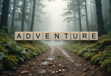 An inspiring scene of the word 'ADVENTURE' on a misty forest path, symbolizing exploration and connection with nature amidst lush greenery and tranquility.の素材