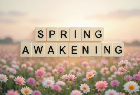 A serene image featuring letter tiles spelling "Spring Awakening" set against a backdrop of blooming flowers. A perfect representation of renewal and beauty in nature.の素材