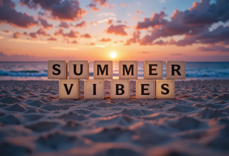 A captivating sunset displays vibrant colors over the ocean as blocks on the beach spell "Summer Vibes," evoking feelings of warmth and relaxation during summer evenings.の素材