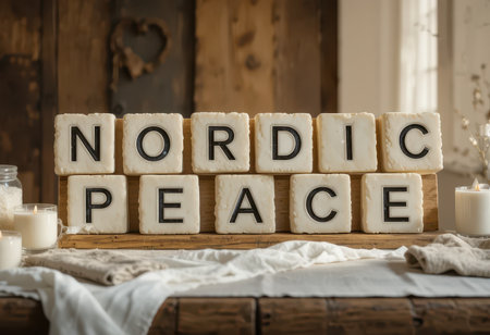 Serene arrangement of decorative letters spelling "Nordic Peace" on a rustic wooden table. The scene features candles and cozy textures, exuding tranquility and warmth.の素材