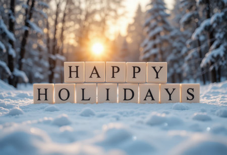 A serene winter landscape featuring "HAPPY HOLIDAYS" displayed on blocks in fresh snow, illuminated by a soft sunset, capturing the essence of holiday cheer.の素材