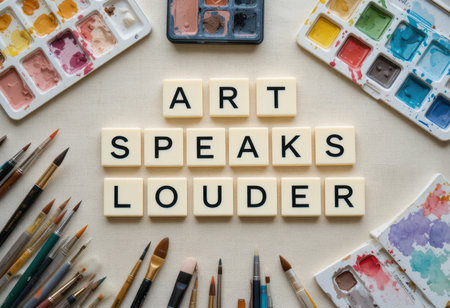 A vibrant collection of art supplies arranged around a motivational message made of tiles. Perfect for promoting creativity and artistic expression in a workspace.の素材