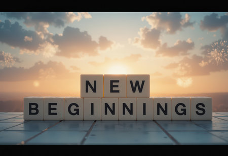 A serene sunrise illuminates clouds as the phrase "New Beginnings" inspires hope and motivation. This beautiful scene evokes feelings of change and potential.の素材
