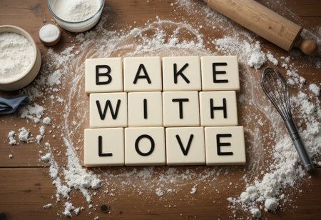 A charming arrangement featuring the phrase "Bake with Love" using lettered tiles, surrounded by flour, a whisk, and baking tools on a rustic wooden table.の素材