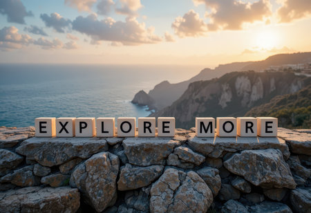 Captivating sunset view over the ocean with letter blocks spelling "Explore More" on a stone wall. A perfect scene for adventure seekers and travelers.の素材