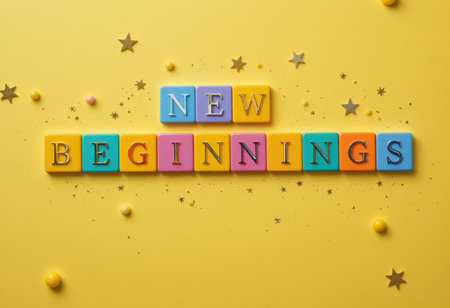 A vibrant arrangement of colorful blocks spelling out "New Beginnings" against a bright yellow background, accented with decorative stars and playful elements. Perfect for themes of positivity and motivation.の素材