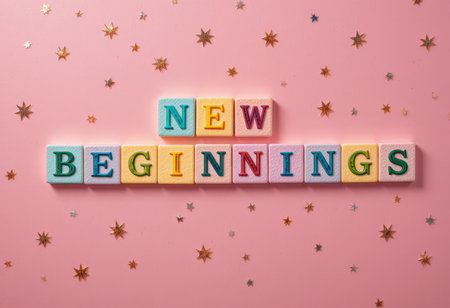 Bright and playful arrangement of colorful blocks spelling out "New Beginnings" on a pink background adorned with golden stars, perfect for themes of creativity and hope.の素材