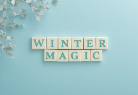 A soft blue background showcases letter blocks spelling "Winter Magic" alongside delicate leaves, creating a serene seasonal decoration and inspiring warmth.の素材