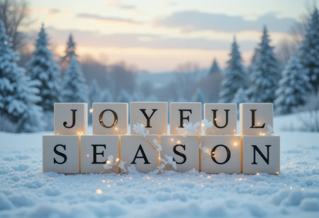 A joyful season celebration captured in a snowy landscape with lighted letters spelling out "Joyful Season," surrounded by serene pine trees under a soft evening sky.の素材