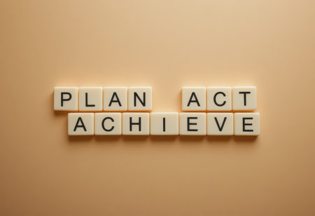 Inspirational text blocks display the phrases "Plan Act Achieve" against a warm background, symbolizing the steps toward personal and professional success.の素材