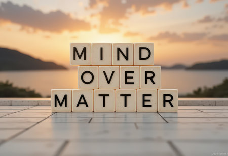 Captivating image of wooden blocks spelling "Mind Over Matter" set against a stunning sunset. This scene evokes a sense of tranquility and inspiration, perfect for personal growth themes.の素材