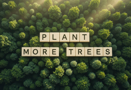 This aerial photograph features a lush forest with wooden letters spelling "Plant More Trees." It emphasizes the importance of reforestation and ecological preservation.の素材