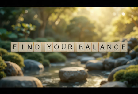 A serene nature scene featuring wooden letters spelling "FIND YOUR BALANCE" over a tranquil stream, surrounded by lush greenery and smooth stones, evoking peace.の素材