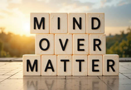 Captivating scene featuring wooden blocks spelling "Mind Over Matter" against a stunning sunset, symbolizing motivation and the power of positive thinking.の素材