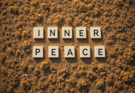 A serene arrangement of letters spelling 'Inner Peace' on dry earth, evoking feelings of tranquility and mindfulness in a natural outdoor setting.の素材