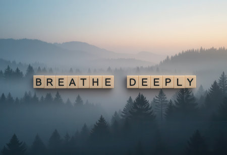 A captivating morning scene featuring the words "Breathe Deeply" in wooden blocks, surrounded by misty mountains and serene forests, promoting mindfulness and tranquility.の素材