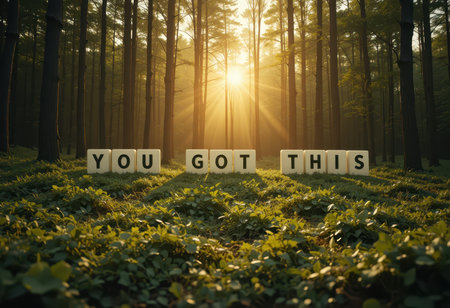 This serene image captures a motivational message "You Got This" in a tranquil forest at sunrise, surrounded by vibrant greenery and soft morning light.の素材