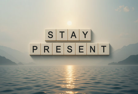 This image features the inspiring message "Stay Present," set against a serene water backdrop at sunrise. Ideal for promoting mindfulness or wellness themes.の素材