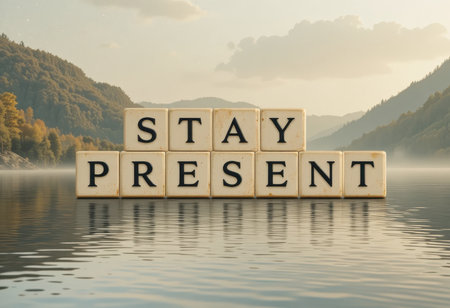A serene image featuring the phrase "Stay Present" on wooden blocks, reflecting in tranquil waters surrounded by hills and trees, promoting mindfulness and serenity.の素材