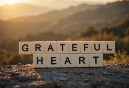 A beautiful arrangement of letter blocks spelling "Grateful Heart" against a stunning sunset landscape, evoking feelings of gratitude and serenity in nature.の素材