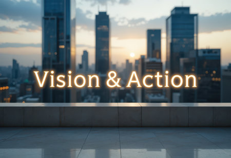 A stunning cityscape at sunset with a motivational message of "Vision & Action", symbolizing ambition and progress in a modern urban setting.の素材
