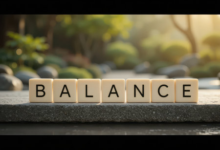 This image depicts the word "BALANCE" spelled out with wooden blocks, symbolizing tranquility and harmony in a serene garden setting. Perfect for concepts of wellness and mindfulness.の素材