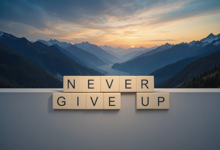 A breathtaking sunset over mountainous terrain with the words "Never Give Up" crafted from letter tiles, symbolizing hope and resilience against natureの素材