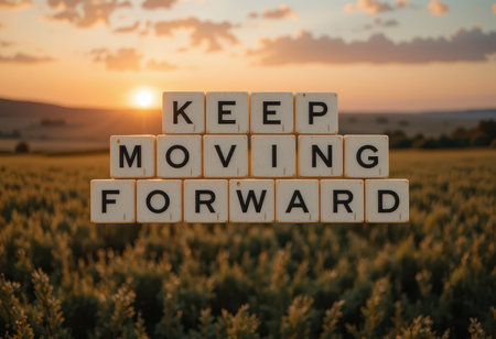 A stunning sunset backdrop highlights an inspiring message made with wooden blocks that say "Keep Moving Forward." This image evokes feelings of motivation and hope.の素材